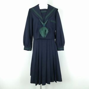 1円 セーラー服 スカート スカーフ 上下3点セット 指定 大きいサイズ 冬物 緑3本線 女子 学生服 大阪高槻第六中学 紺 中古 ランクC EY9077