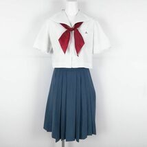 1円 セーラー服 スカート スカーフ 上下3点セット 大きいサイズ 夏物 白2本線 女子 学生服 福岡三池高校 白 制服 中古 ランクC EY9014_画像1