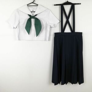 1円 セーラー服 スカート スカーフ 上下3点セット 150A 夏物 白3本線 女子 学生服 福岡筑紫女学園高校 白 制服 中古 ランクC EY8175