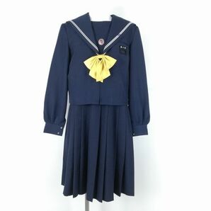 1円 セーラー服 ジャンパースカート リボン 上下3点セット 大きいサイズ 冬物 白2本線 女子 福岡直方第二中学 紺 中古 ランクC EY9323の画像1