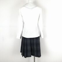 1円 ブラウス チェックスカート リボン 上下3点セット 中間服 水色1本線 女子 学生服 福岡久留米大学附設中学 白 中古 ランクC EY8018_画像2