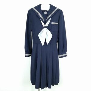 1円 セーラー服 ジャンパースカート スカーフ 上下3点セット 大きいサイズ 冬物 白3本線 女子 学生服 中学 高校 紺 中古 ランクC EY8782