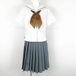 1円 セーラー服 スカート 上下3点セット M 富士ヨット 夏物 グレー2本線 女子 学生服 福岡太宰府高校 白 制服 中古 ランクC EY9015