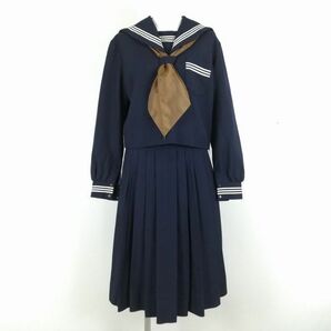 1円 セーラー服 スカート スカーフ 上下3点セット 冬物 白3本線 女子 学生服 中学 高校 紺 制服 中古 ランクC EY8873の画像1