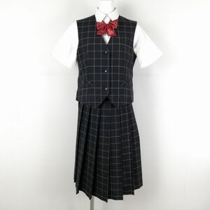 1円 ベスト チェックスカート リボン 上下4点セット 夏物 女子 学生服 中学 高校 制服 中古 ランクC EY9042