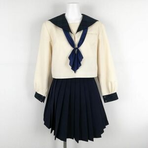 1円 セーラー服 ミニスカート リボン 上下3点セット 冬物 女子 学生服 中学 高校 オフ白 制服 中古 ランクC EY9362