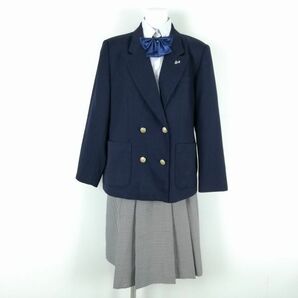 1円 ブレザー チェックスカート リボン 上下4点セット 大きいサイズ 冬物 女子 学生服 中学 高校 紺 制服 中古 ランクC EY9347の画像1