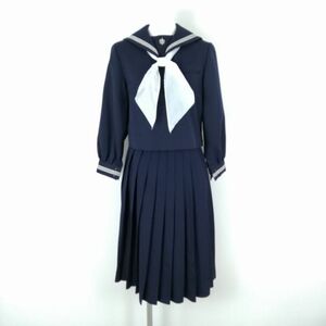 1円 セーラー服 スカート スカーフ 上下3点セット 145A 冬物 白3本線 女子 学生服 白百合学園 紺 制服 中古 ランクC EY9488