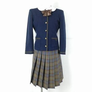 1円 イートン チェックスカート リボン 上下4点セット S 冬物 女子 学生服 大分東明高校 紺 制服 中古 ランクC EY9453