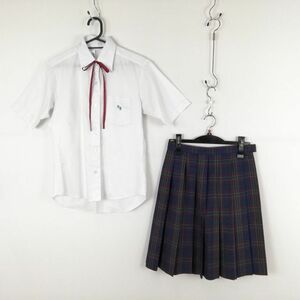 1円 ブラウス チェックスカート 紐タイ 上下3点セット 夏物 女子 学生服 神奈川相洋高校 白 制服 中古 ランクC EY0953