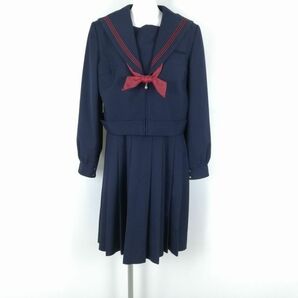 1円 セーラー服 ジャンパースカート スカーフ 上下3点セット 170A 大きいサイズ トンボ 冬物 赤3本線 中学 高校 紺 中古 ランクC EY9430の画像1