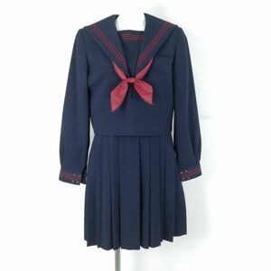 1円 セーラー服 ジャンパースカート スカーフ 上下3点セット 165A ミッシェルクラン 冬物 赤3本線 女子 中学 高校 紺 中古 ランクC EY9451