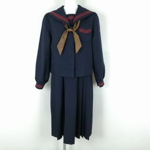 1円 セーラー服 ジャンパースカート 上下3点セット 165A トンボ 冬物 赤3本線 女子 学生服 鹿児島天保山中学 紺 中古 ランクC EY9603の画像1