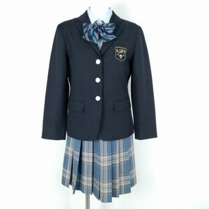 1円 ブレザー チェックスカート リボン 上下4点セット M 冬物 女子 学生服 神奈川白鵬女子高校 紺 制服 中古 ランクC EY9718