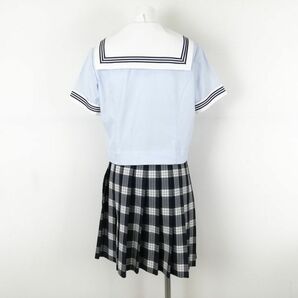 1円 セーラー服 チェックスカート 紐タイ 上下3点セット 夏物 青3本線 女子 学生服 熊本水俣袋中学 青 制服 中古 ランクC EY9530の画像2