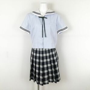 1円 セーラー服 チェックスカート 紐タイ 上下3点セット 夏物 青3本線 女子 学生服 熊本水俣袋中学 青 制服 中古 ランクC EY9530の画像1