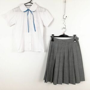 1円 ブラウス チェックスカート 紐タイ 上下3点セット 夏物 女子 学生服 中学 高校 白 制服 中古 ランクB EY1251