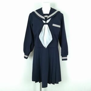 1円 セーラー服 ジャンパースカート スカーフ 上下3点セット 冬物 白3本線 女子 学生服 中学 高校 紺 制服 中古 ランクC EY9340