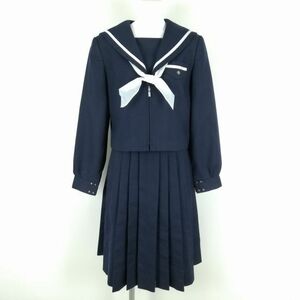 1円 セーラー服 スカート スカーフ 上下3点セット L 冬物 白1本線 女子 学生服 中学 高校 紺 制服 中古 ランクC EY8596