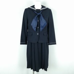 1円 セーラー服 ジャンパースカート スカーフ 上下3点セット カンコー 冬物 白2本線 女子 学生服 中学 高校 紺 制服 中古 ランクC EY9368の画像1