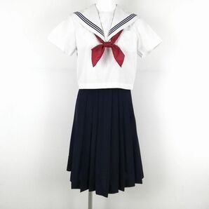 1円 セーラー服 スカート スカーフ 上下3点セット 夏物 青3本線 女子 学生服 中学 高校 白 制服 中古 ランクC EY9067の画像1