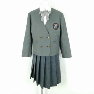 1円 イートン チェックスカート リボン 上下4点セット 大きいサイズ 冬物 女子 学生服 大分原川中学 グレー 制服 中古 ランクC EY9549