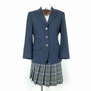 1円 ブレザー チェックスカート リボン 上下4点セット 指定 M 冬物 女子 学生服 神奈川湘南学院高校 紺 制服 中古 ランクC EY9749の画像1