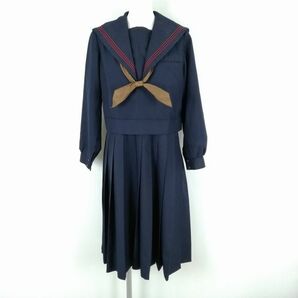 1円 セーラー服 ジャンパースカート スカーフ 上下3点セット 冬物 赤3本線 女子 学生服 中学 高校 紺 制服 中古 ランクC EY9441の画像1