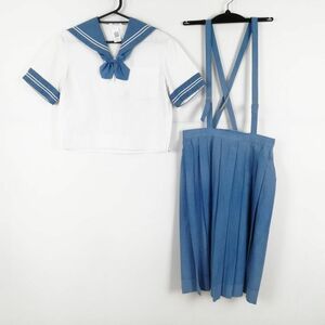 1円 セーラー服 スカート リボン 上下3点セット 夏物 白2本線 女子 学生服 熊本嘉島中学 白 制服 中古 ランクC EY9673