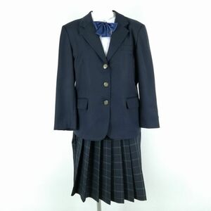 1円 ブレザー チェックスカート リボン 上下4点セット 指定 BS 大きいサイズ 富士ヨット 冬物 女子 福岡三国中学 紺 中古 ランクC EY9798