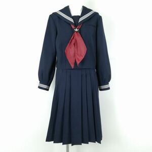 1円 セーラー服 スカート スカーフ 上下3点セット 165A 大きいサイズ 冬物 白3本線 女子 学生服 東京七生中学 紺 制服 中古 ランクC EY9747