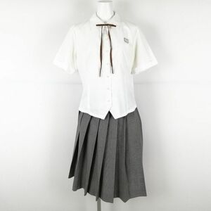 1円 ブラウス チェックスカート 紐タイ 上下3点セット 指定 L 大きいサイズ 夏物 女子 学生服 兵庫網干高校 白 制服 中古 ランクC EY9782