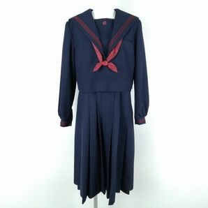 1円 セーラー服 ジャンパースカート スカーフ 上下3点セット 指定 大きいサイズ トンボ 冬物 赤3本線 中学 高校 紺 中古 ランクC EY9775の画像1