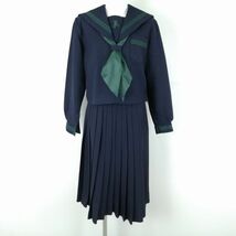 1円 セーラー服 スカート スカーフ 上下3点セット 大きいサイズ 冬物 緑3本線 女子 学生服 兵庫上郡高校 紺 制服 中古 ランクC EY9822_画像1