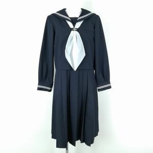 1円 セーラー服 ジャンパースカート 上下3点セット 指定 冬物 白2本線 女子 学生服 東京小松川第二中学 紺 制服 中古 ランクC EY9755