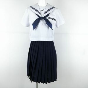 1円 セーラー服 スカート スカーフ 上下3点セット 夏物 青3本線 女子 学生服 兵庫灘中学 白 制服 中古 ランクC EY9819