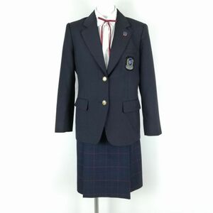 1円 ブレザー チェックスカート 紐タイ 上下4点セット M 冬物 女子 学生服 宮崎日章学園高校 紺 制服 中古 ランクC EY9813