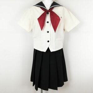 1円 セーラー服 スカート 上下3点セット 大きいサイズ 夏物 白2本線 女子 学生服 熊本天草拓心高校 オフ白 制服 中古 ランクC EY9853の画像1