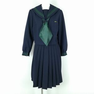 1円 セーラー服 スカート スカーフ 上下3点セット 155A 冬物 緑3本線 女子 学生服 大分三重中学 紺 制服 中古 ランクC EY9803