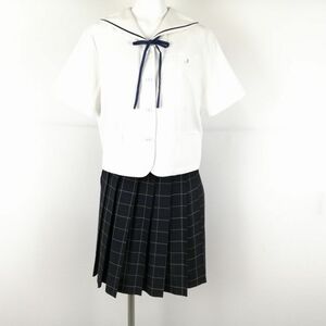 1円 セーラー服 チェックスカート 紐タイ 上下3点セット 170A 大きいサイズ カンコー 夏物 青1本線 兵庫龍野北高校 白 中古 ランクC EY9950