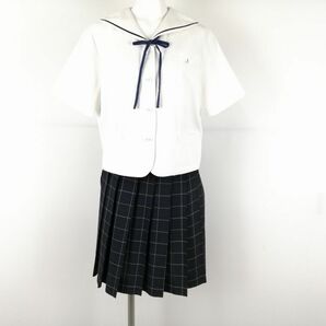 1円 セーラー服 チェックスカート 紐タイ 上下3点セット 170A 大きいサイズ カンコー 夏物 青1本線 兵庫龍野北高校 白 中古 ランクC EY9950の画像1