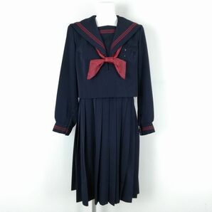 1円 セーラー服 ジャンパースカート スカーフ 上下3点セット 指定 冬物 赤3本線 女子 学生服 中学 高校 紺 制服 中古 ランクC EY9415の画像1