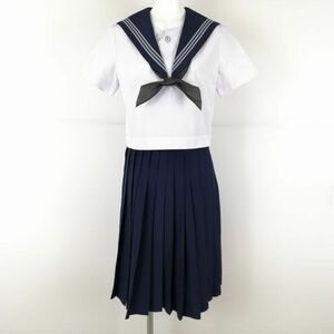 1円 セーラー服 スカート スカーフ 上下3点セット 160A カンコー 夏物 グレー3本線 女子 学生服 高知岡豊高校 白 制服 中古 ランクC EY9903