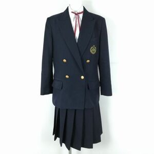 1円 ブレザー スカート 紐タイ 上下4点セット 大きいサイズ 冬物 女子 学生服 静岡三島南高校 紺 森英恵 制服 中古 ランクC EY9982