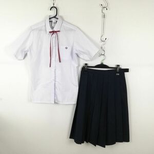 1円 ブラウス スカート 紐タイ 上下3点セット 165A 大きいサイズ 夏物 女子 学生服 中学 高校 白 制服 中古 ランクC EY1238