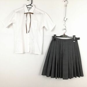 1円 ブラウス チェックスカート 紐タイ 上下3点セット 155A 夏物 女子 学生服 中学 高校 白 制服 中古 ランクC EY1227