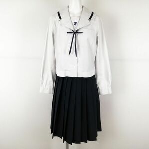 1円 セーラー服 スカート 紐タイ 上下3点セット 中間服 青1本線 女子 学生服 大分竹田南高校 白 制服 中古 ランクC EY9758の画像1