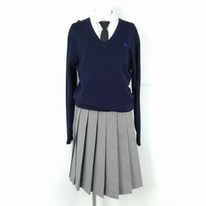 1円 セーター チェックスカート ネクタイ 上下4点セット LL 冬物 女子 学生服 中学 高校 紺 制服 中古 ランクC EY9523