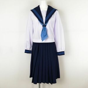 1円 セーラー服 スカート スカーフ 上下3点セット 指定 165A トンボ 中間服 青3本線 女子 学生服 高知南中学高校 白 中古 ランクC EY9938