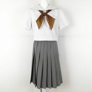 1円 セーラー服 スカート スカーフ 上下3点セット 夏物 白3本線 女子 学生服 中学 高校 白 制服 中古 ランクC EY9447